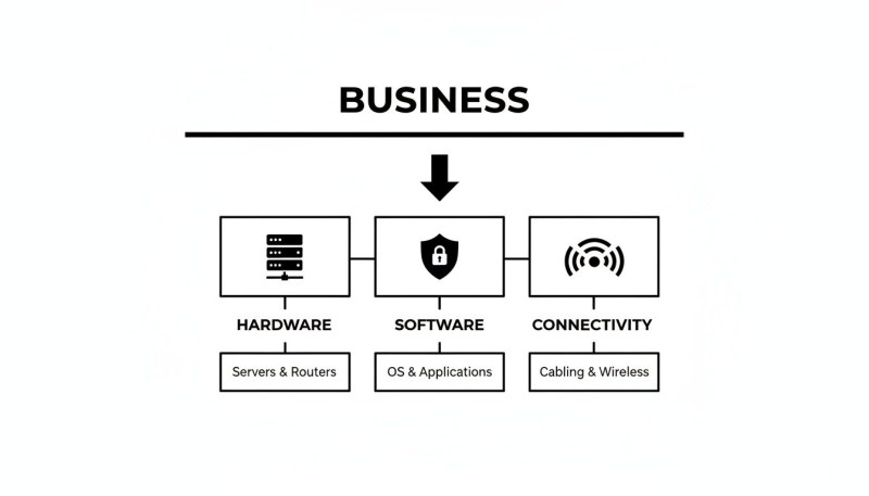 A diagram illustrating essential business IT infrastructure components: hardware, software, and connectivity, with examples.