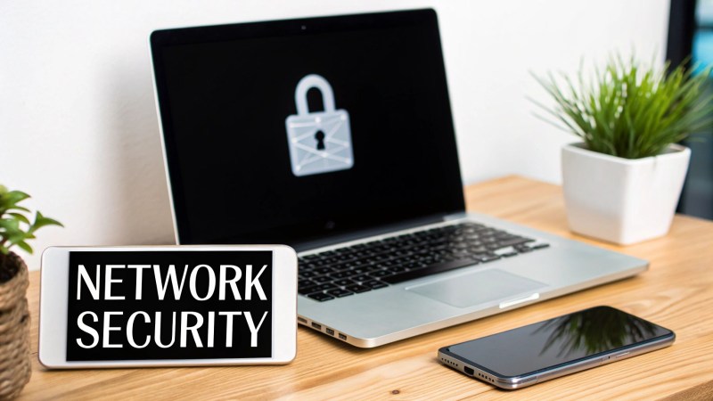A laptop displaying a padlock icon and a smartphone showing 'NETWORK SECURITY' on a wooden desk.