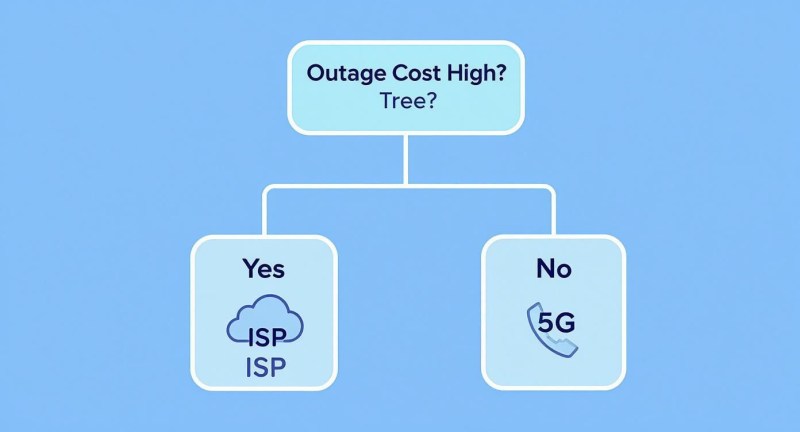 Flowchart depicting network redundancy options: 'Outage Cost High?' leads to 'Yes' (multiple ISPs) or 'No' (5G backup).