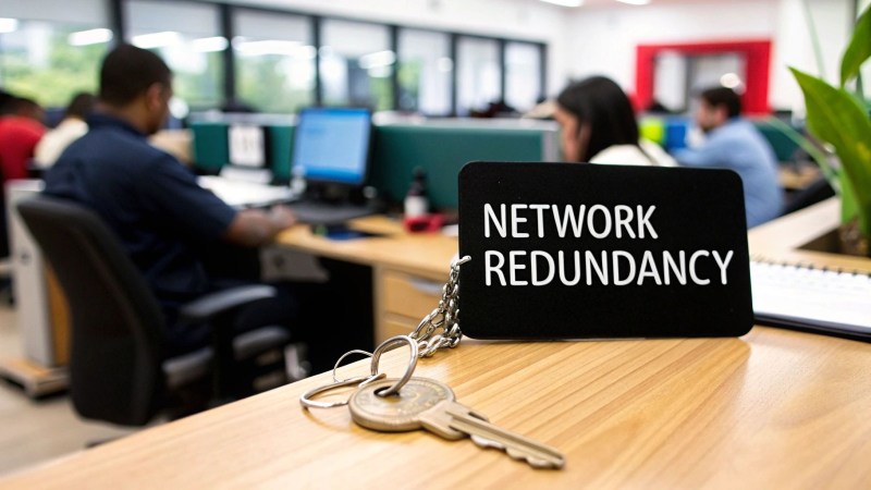 A 'NETWORK REDUNDANCY' sign and a key on a desk in a busy office environment.