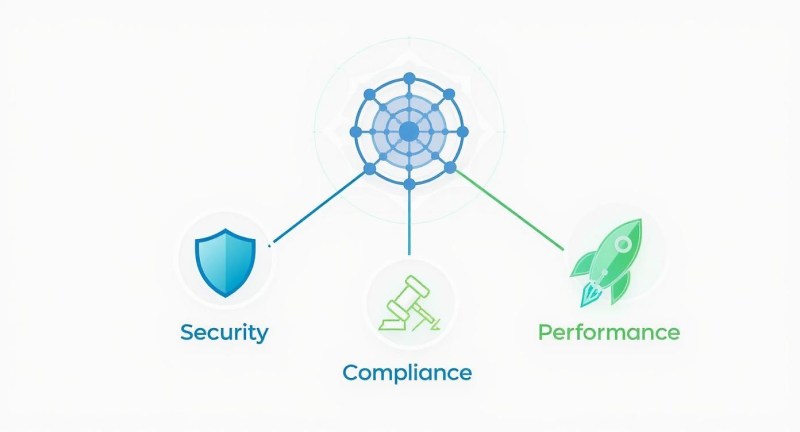 A diagram illustrates a central network concept connected to security, compliance, and performance benefits.
