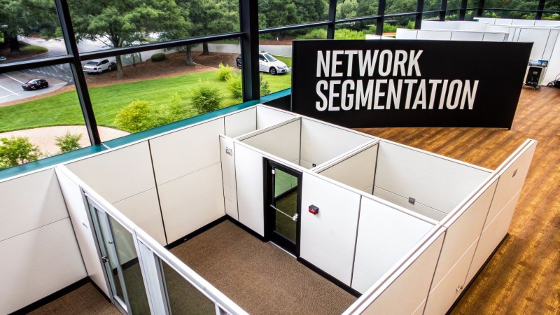 An indoor office setup with white cubicles, a large 'NETWORK SEGMENTATION' sign, and an outdoor view.