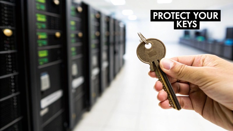 A hand holds a brass key in a blurred data center, emphasizing digital key protection.