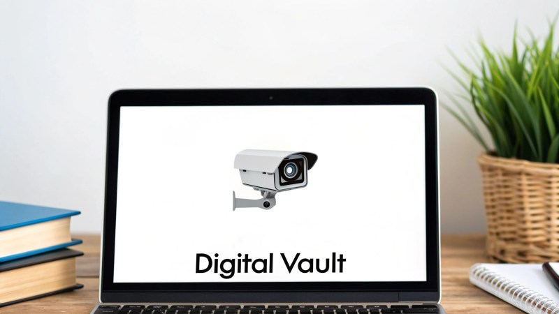 A laptop screen displays a security camera icon and "Digital Vault" text, with books and a plant nearby.