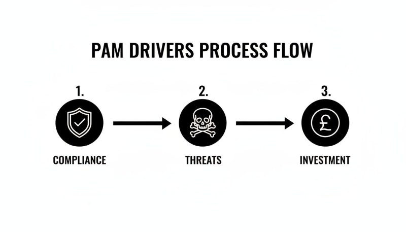 A flowchart illustrates the three key drivers in the PAM process: Compliance, Threats, and Investment.