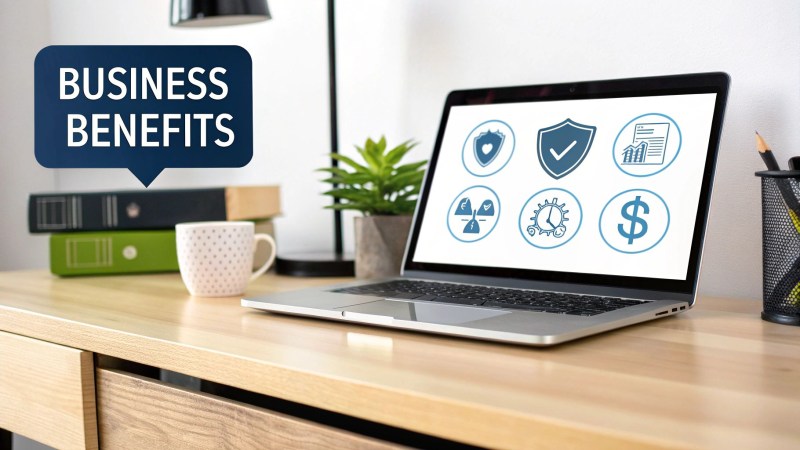 Laptop on a wooden desk displaying business benefits icons for health, protection, and financial gain.
