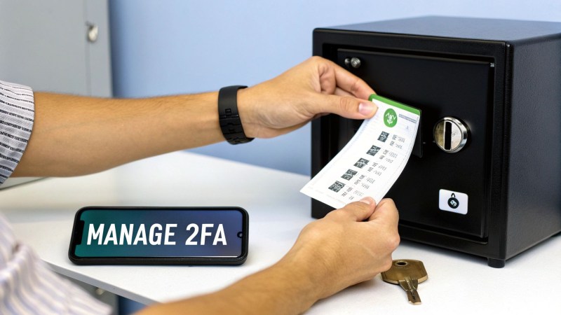 A person holds a paper with two-factor authentication codes near a safe, next to a smartphone displaying 'MANAGE 2FA'.