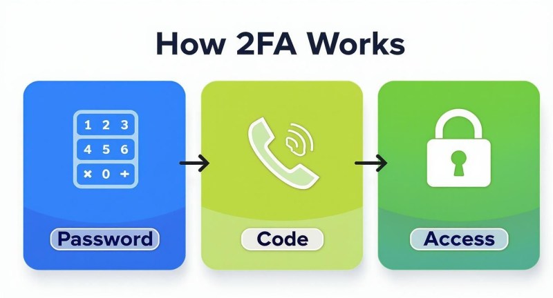 Diagram showing the three steps of how two-factor authentication (2FA) works: password, code, and access.