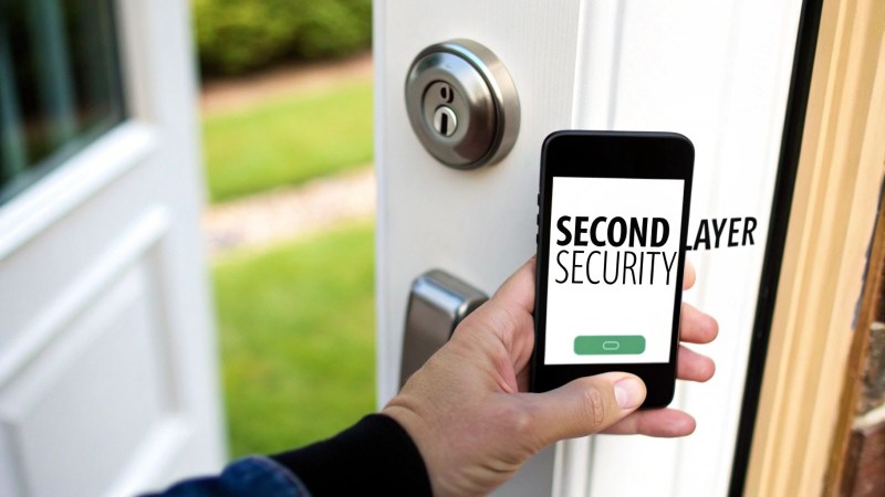 A hand holds a smartphone displaying 'SECOND LAYER SECURITY' next to a smart door lock on an open white door.