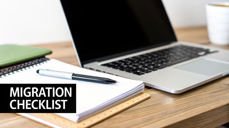 A laptop, open notebook, and pen on a wooden desk with 'Migration Checklist' text.