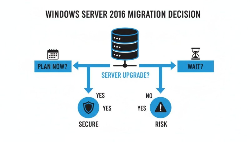 Flowchart illustrating Windows Server 2016 migration decision: Plan now for secure upgrade, or wait and risk issues.