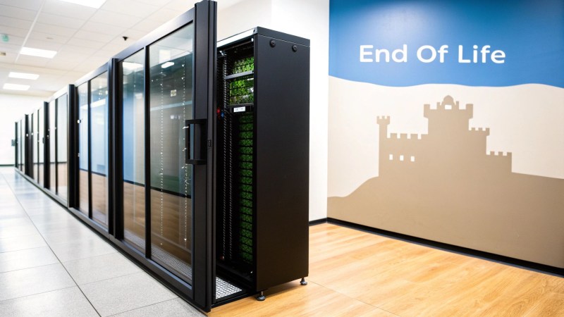 A row of black server racks in a modern data center, one open, next to an 'End Of Life' wall mural.