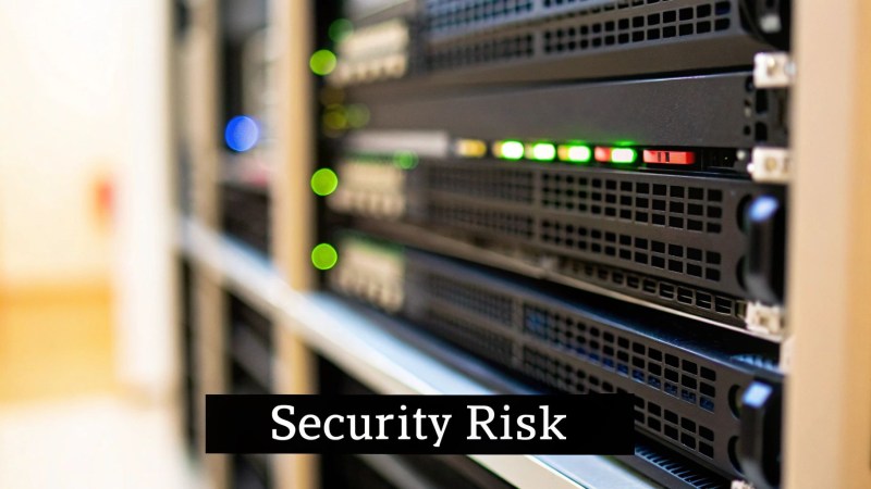 Close-up of server racks with blinking green, blue, and red lights, with 'Security Risk' text overlay.